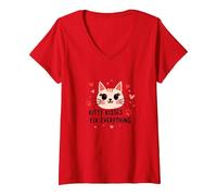 I Baci di Kitty risolvono Tutto - Cute Cat Love Maglietta con Collo a V, Donna, Rosso, L