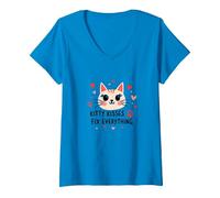 I Baci di Kitty risolvono Tutto - Cute Cat Love Maglietta con Collo a V, Donna, Zaffiro, XXL