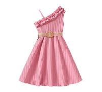 I bambini vestono il vestito casuale delle ragazze di colore solido delle increspature della cinghia di primavera estate con la cintura, rosa, 6-7 Anni