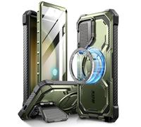 i-Blason Armorbox - Custodia MagSafe per Samsung Galaxy S24 Ultra, con supporto per fotocamera, supporto caricabatterie wireless, 360 gradi, con pellicola protettiva e cavalletto, colore: verde