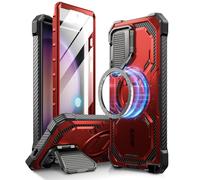 i-Blason Armorbox - Custodia MagSafe per Samsung Galaxy S24 Ultra, con supporto per fotocamera, supporto caricabatterie wireless, 360 gradi, con pellicola protettiva e cavalletto, colore: Rosso