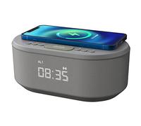 i-box 79233PI/14, Sveglia radio senza ticchettio, con display a LED dimmerabile, con doppia sveglia a rete con caricatore USB e altoparlante Bluetooth, Grigio