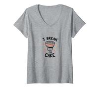 I Break for Cake: Whimsical Dessert Lover's Maglietta con Collo a V, Donna, Grigio Melange, XL