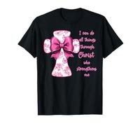 I Can Do All Things Through Christ Rosa Toile Croce E Bow Maglietta