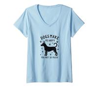 I Cani Mi Rendono Felice, Non così Tanto! Amante degli Animali Divertenti Maglietta con Collo a V, Donna, Celeste, L