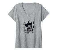 I Cani Rendono la Vita Migliore Amante degli Animali Domestici Maglietta con Collo a V, Donna, Grigio Melange, XL