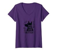 I Cani Rendono la Vita Migliore Amante degli Animali Domestici Maglietta con Collo a V, Donna, Viola, XL