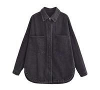 I capispalla da donna sono alla moda semplici e larghi per il tempo libero con una tasca con risvolto e un elegante stile denim in cotone, Nero 1, L