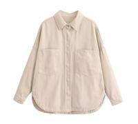 I capispalla da donna sono alla moda semplici e larghi per il tempo libero con una tasca con risvolto e un elegante stile denim in cotone, Beige, M
