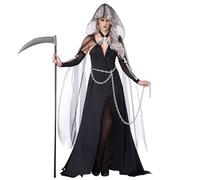 I costumi di Halween da donna da donna includono mantello nero trasparente con cappuccio, abito nero e catena di un mantello da morte di una dimensione di una dimensione costumi di Halloween per la f