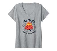 I Do Cardio To Burn off The Crazy Funny Fitness Citazione Maglietta con Collo a V, Donna, Grigio Melange, M