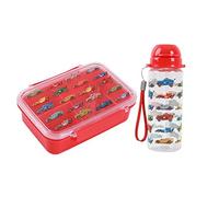 I-Drink - Bundle Lunch box + Borraccia Tritan 400ml, per Bambini, Porta Merenda, Picnic, Scuola, Senza BPA, con Disegni di Infanzia (Macchine)