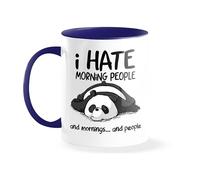 I Hate Morning People And Mornings Funny Lazy Panda Tazza bianca con bordo e manico blu