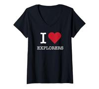I Heart Explorers, Amo Gli Esploratori Maglietta con Collo a V, Donna, Nero, XL