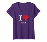 I Heart Fall, Amo l'autunno Maglietta con Collo a V, Donna, Viola, S