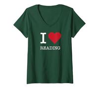 I Heart Reading, Amo Leggere Maglietta con Collo a V, Donna, Verde Foresta, XL