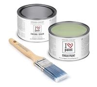 I Love Chalk Paint - Kit Completo Vernice, Finitura e Pennello - Pittura Senza Carteggiare - Colore Salvia (375ml Chalk Paint + 375ml Finitura + Pennello 40mm)