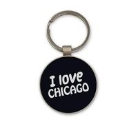 I Love Chicago City Travel Illinois USA portachiavi, design circolare in vetro nero, personalizzato, portachiavi in acciaio