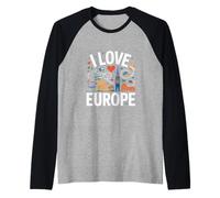 I Love Europe Torre Eiffel Colosseo Big Ben Souvenir Maglia con Maniche Raglan