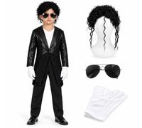 I LOVE FANCY DRESS Costume da pop star con paillettes nere per bambini, taglia M, set da 4 pezzi con parrucca riccia, occhiali stile aviatore e guanti bianchi, spettacolo di danza per ragazzi e