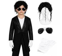 I LOVE FANCY DRESS Costume da pop star con paillettes nere per bambini, taglia S, set da 4 pezzi con parrucca riccia, occhiali stile aviatore e guanti bianchi, spettacolo di danza per ragazzi e