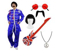 I LOVE FANCY DRESS Costume da uomo blu retrò band - Small - giacca, parrucca, occhiali rossi, baffi, chitarra Union Jack e collana della pace