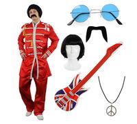 I LOVE FANCY DRESS Costume da uomo retrò - M - giacca rossa, parrucca, chitarra Union Jack, collana della pace, occhiali e baffi - S