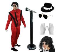 I LOVE FANCY DRESS Costume deluxe da re del pop per adulti, giacca e pantaloni in stile thriller, occhiali da aviatore, cappello bianco e nero, guanti bianchi, parrucca nera riccia e microfono