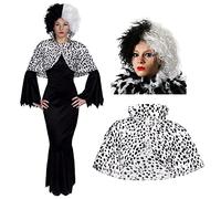 I LOVE FANCY DRESS LTD Costume da Donna con Costume da Cane malvagio - Abito Nero Lungo + Parrucca Bianca / Nera + Mantello Stampa Dalmata - Perfetto per i Costumi di Halloween (X-Large)