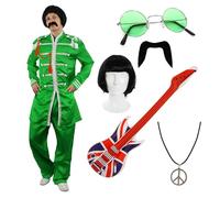 I LOVE FANCY DRESS Set costume da uomo in stile retrò, con giacca, parrucca, occhiali verdi, baffi, chitarra Union Jack e collana della pace