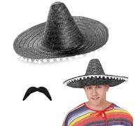 I LOVE FANCY DRESS Set di accessori per sombrero messicano, confezione da 1 pezzo, colore nero, con pompon bianchi e baffi messicani, accessori per feste messicane, feste in stile messicano, unisex,