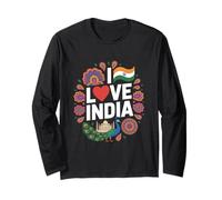 I Love India Bandiera Cuore Pavone Taj Mahal Maglia a Manica