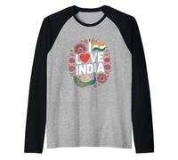 I Love India Bandiera Cuore Pavone Taj Mahal Maglia con Maniche Raglan
