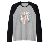 I Love Jesus Colomba Sole Croce Arte Floreale Maglia con Maniche Raglan