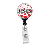 I Love Jesus - Retractable Badge Reel ID Card Name Tag Custom Badge Holder with Hearts Background (Black Badge Reel with Spring Pinch Clip)