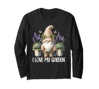 I Love My Garden Gnome Graphic Floral Lilac Lavender Flower Maglia a Manica