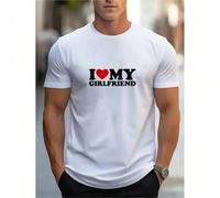 I Love My Girlfriend Print Men's Round Crew Neck Short Sleeve Tee, Fashion Street Breathable T-Shirt, Casual Comfy Top For Spring Summer Holiday Leisure Vacation Men's Clothing As Gift KOMFORT UND SIC