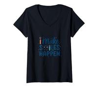I Make Smiles Happen Igienista Dentale Donne Odontoiatria Citazione Maglietta con Collo a V, Donna, Nero, S