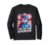 I Put The Tism in Patriottism Cool Cat with Sunglasses Maglia a Manica