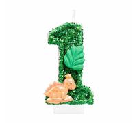 i-QiQi - Candela di compleanno con dinosauro numero 1, glitterata, per il primo compleanno, design 3D, decorazione per torta di buon compleanno, candele per torta a tema animale verde