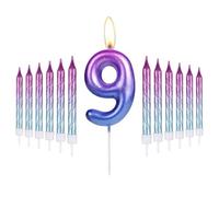 i-QiQi Candele per 9° compleanno, candela sfumata da viola a blu, con 12 candele a spirale sfumate per numero 9, candele per torta di buon 9 compleanno, decorazioni per torte di compleanno, matrimoni,