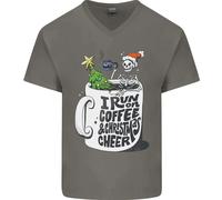 I Run On Caffè E Natale Cheer Teschio Uomo Scollo A V Cotone T-Shirt