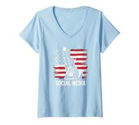 I Social Media di Old Glory Maglietta con Collo a V, Donna, Celeste, S