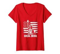 I Social Media di Old Glory Maglietta con Collo a V, Donna, Rosso, S