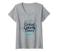 I Tempi del Grande Lago: Nostalgia costiera Maglietta con Collo a V, Donna, Grigio Melange, XL