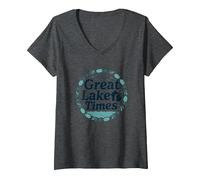 I Tempi del Grande Lago: Nostalgia costiera Maglietta con Collo a V, Donna, Grigio Scuro, XL