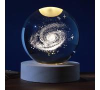 I-TOTAL®- Sfera di vetro 3D con LED RGB effetto sul soffitto, luce notturna per bambini, lampada da notte con base in legno, tema fantasy, decorazione in cristallo disegno (GALASSIA)
