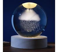 I-TOTAL®- Sfera di vetro 3D con LED RGB effetto sul soffitto, luce notturna per bambini, lampada da notte con base in legno, tema fantasy, decorazione in cristallo disegno (NUVOLA DI PIOGGIA)