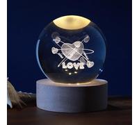 I-TOTAL®- Sfera di vetro 3D con LED RGB effetto sul soffitto, luce notturna per bambini, lampada da notte con base in legno, tema fantasy, decorazione in cristallo disegno (LOVE)