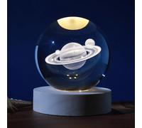 I-TOTAL®- Sfera di vetro 3D con LED RGB effetto sul soffitto, luce notturna per bambini, lampada da notte con base in legno, tema fantasy, decorazione in cristallo disegno (SATURNO)